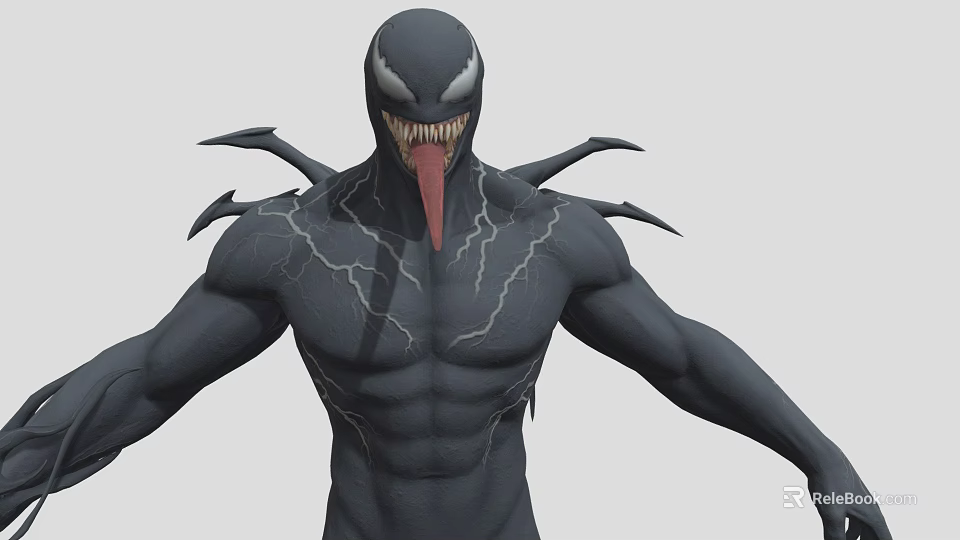 Venom Character Black Muscular Body With Back Spikes White Eyes And Open Mouth Red Tongue 3d model 