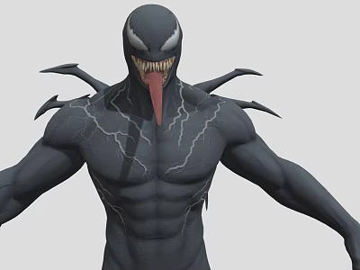 Venom Character Black Muscular Body With Back Spikes White Eyes And Open Mouth Red Tongue 3d model