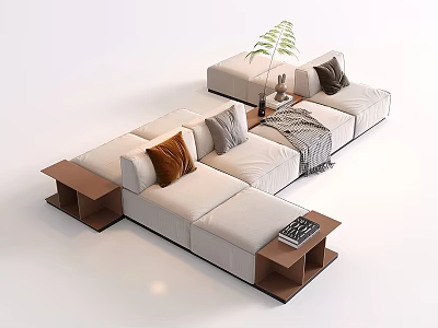 Modern Beige Sectional Sofa With Decorative Pillows Side Tables And Plant 3d model