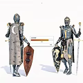 Two Game and Movie Characters in Ornate Armor With Patterned Shields Sword and Golden Details