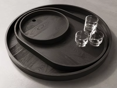 Stylish Dinnerware Set with Black Wooden Tray Circular Small Tray and Transparent Glass Cups 3d model