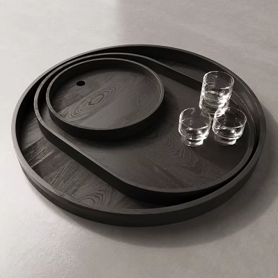 Stylish Dinnerware Set with Black Wooden Tray Circular Small Tray and Transparent Glass Cups 3d model