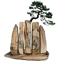 Graceful Pine Tree Growing on Artistic Stacked Stone Structure Design