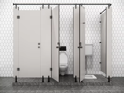 Public Restroom With Open Toilet Stall Doors And Hexagonal Tile Walls 3d model