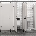 Public Restroom With Open Toilet Stall Doors And Hexagonal Tile Walls