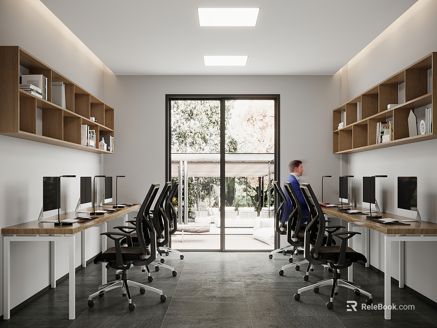 Modern Public Office Space With Long Desks Computers Black Chairs Wooden Bookshelves And Natural Light 3d model 
