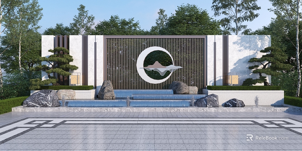 Modern Garden Wall With Lattice Design Circular Mountain Water Motif Stones Water Feature And Trees 3d model 