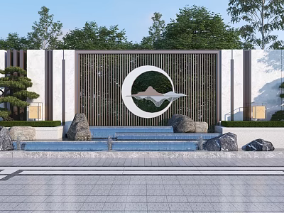 Modern Garden Wall With Lattice Design Circular Mountain Water Motif Stones Water Feature And Trees 3d model
