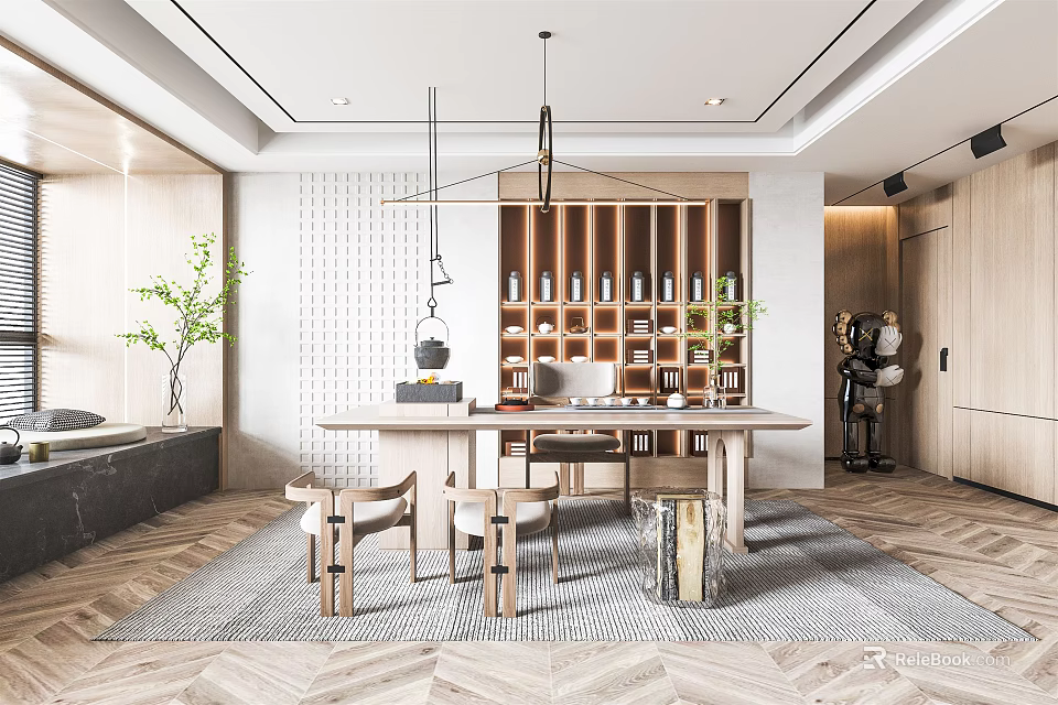 Modern Tea Room Interior Design With Wooden Table Chairs Hanging Lights Shelves And Tea Jars 3d model 