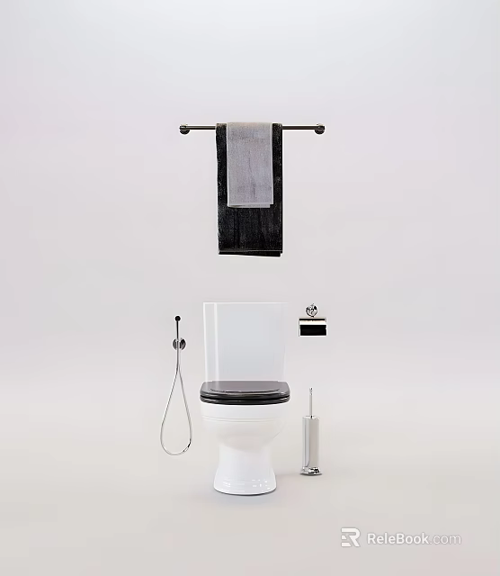 Modern Bathroom Suite With White Toilet Black Seat Shower Hose Towel Rack And Brush 3d model 