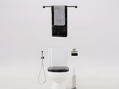 Modern Bathroom Suite With White Toilet Black Seat Shower Hose Towel Rack And Brush 3d model