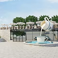 Young Entrepreneurs Cafe Modern Building With Coffee Cup Sculpture Fountain White Umbrellas And Trees