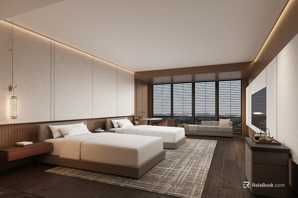 Modern Hotel Guest Room Interior Design With Twin Beds Window Blinds And Area Rug 3d model 