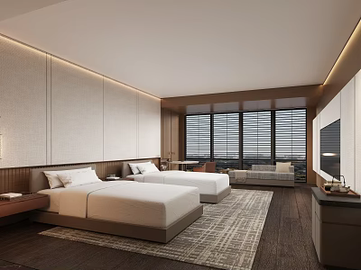 Modern Hotel Guest Room Interior Design With Twin Beds Window Blinds And Area Rug 3d model