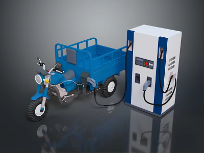 Blue Three Wheeled Motorcycle Charging at Electric Charging Station 3d model