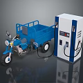 Blue Three Wheeled Motorcycle Charging at Electric Charging Station