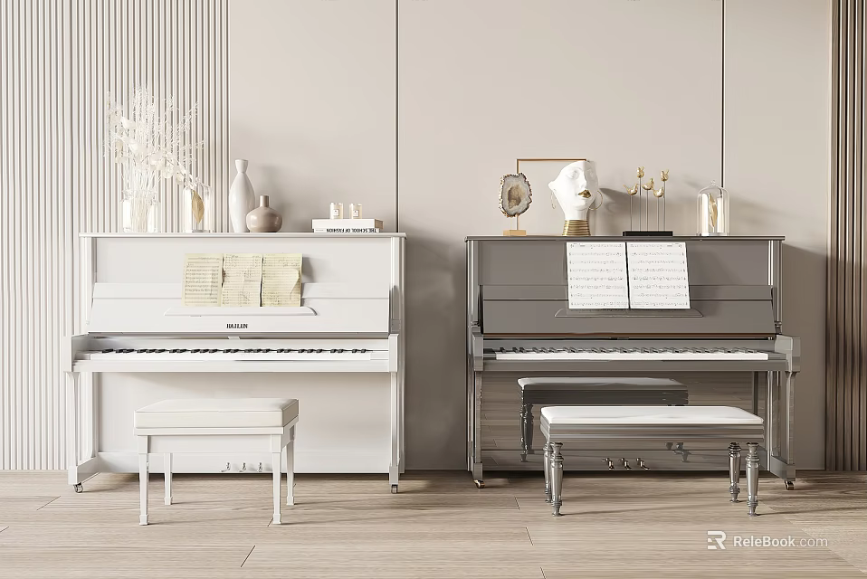 Elegant Pianos with Music Sheets Vases Decorative Art Supplies and Stools in Modern Room 3d model 