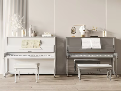 Elegant Pianos with Music Sheets Vases Decorative Art Supplies and Stools in Modern Room 3d model