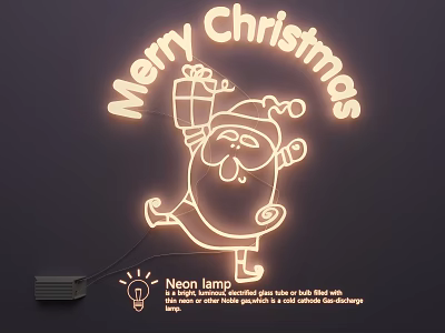 Festive Christmas Neon Lighting Combination with Waving Santa Gift and Merry Christmas Text 3d model