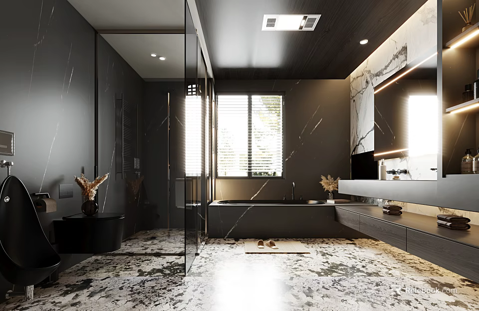 Modern Bathroom Interior Design With Black Walls Marble Floor Bathtub And Shower 3d model 