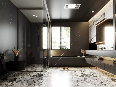 Modern Bathroom Interior Design With Black Walls Marble Floor Bathtub And Shower 3d model