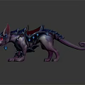 Fantasy Armored Creature With Purple Body Spiked Ears Blue Glowing Accents And Red Saddle