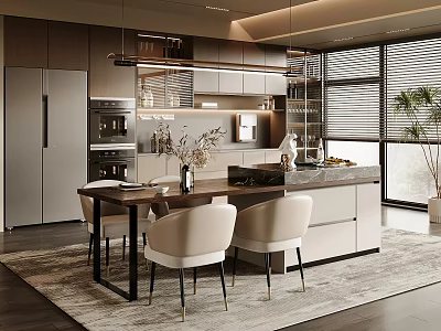 Modern Restaurant Dining Space With Open Kitchen Table Chairs And Pendant Lights 3d model