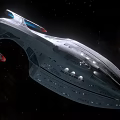 Futuristic Spaceship With Sleek Metallic Design And Illuminated Lights In Starry Space