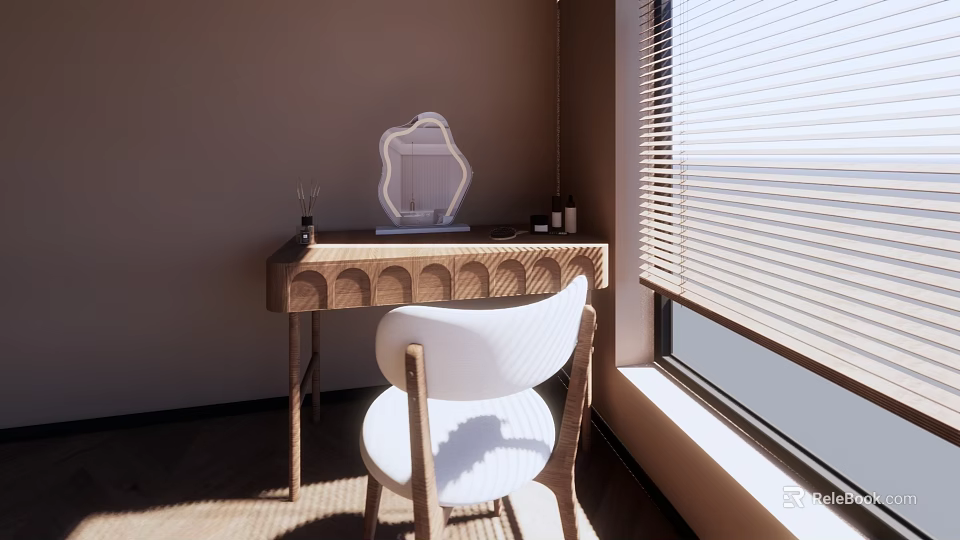 Minimalist Interior Wooden Dressing Table With White Chair Mirror And Natural Light By Window Blinds 3d model 