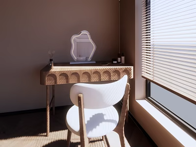 Minimalist Interior Wooden Dressing Table With White Chair Mirror And Natural Light By Window Blinds 3d model