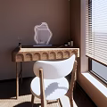 Minimalist Interior Wooden Dressing Table With White Chair Mirror And Natural Light By Window Blinds
