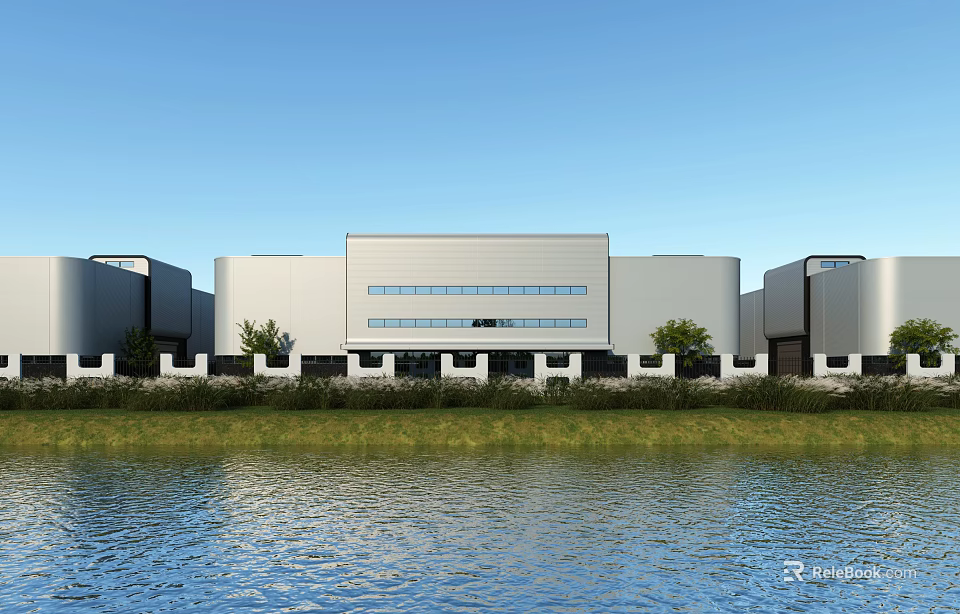 Modern Industrial Factory Building With White Exterior Large Windows Green Grass Waterfront And Blue Sky 3d model 
