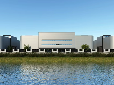 Modern Industrial Factory Building With White Exterior Large Windows Green Grass Waterfront And Blue Sky 3d model