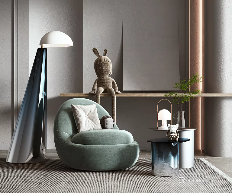 Light Green Single Sofa Modern Interior With Rabbit Doll Floor Lamp And Side Table 3d model 