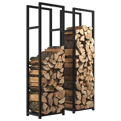 Fireplace Wood Storage With Black Metal Frame And Stacked Firewood Logs 3d model