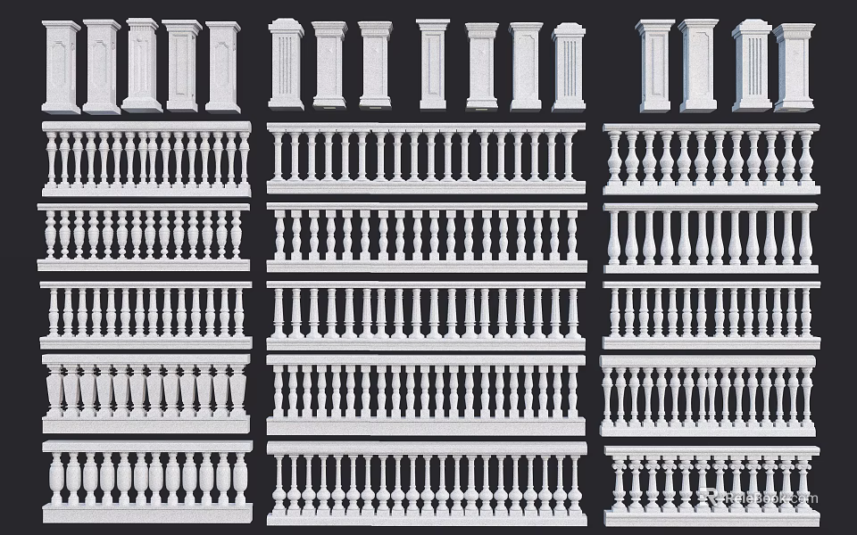Various Decorative Fence Designs With Classic And Modern Railings And Posts 3d model 