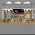 Traditional Japanese Restaurant With Outdoor Terrace Parasols Wooden Structure Blue Signage Bar Counter And Tables