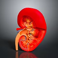Detailed 3D Rendered Human Kidney Anatomy Model Showing Internal Structures