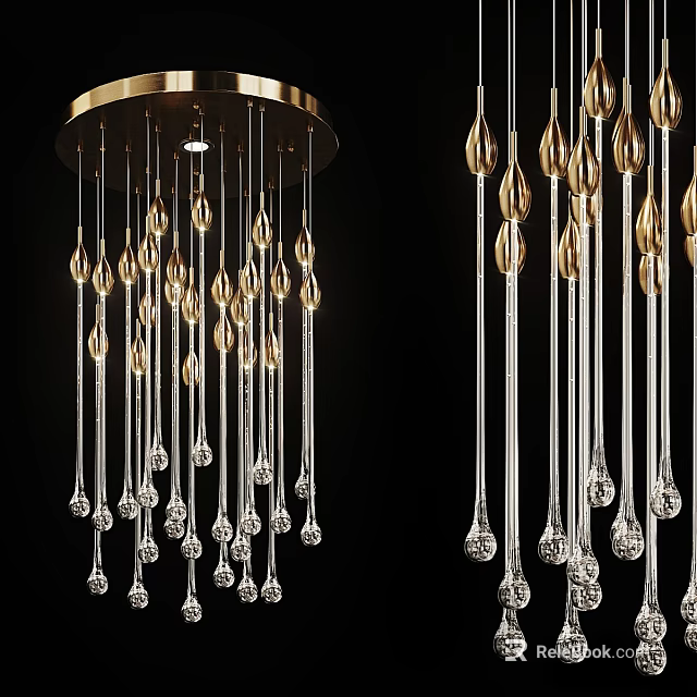 Elegant Gold Base Chandelier With Transparent Crystal Glass Teardrop Pendants 3d model 