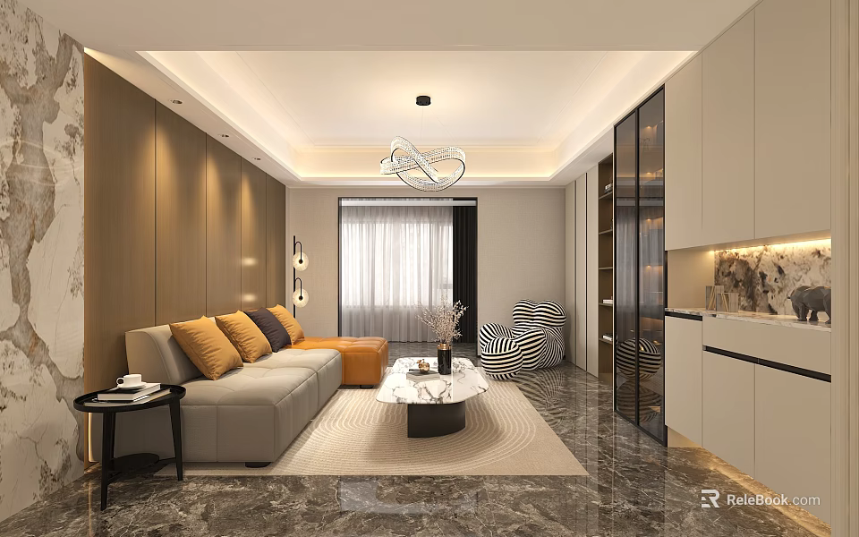 Elegant Modern Living Room With Soft Sectional Sofa Marble Coffee Table And Cozy Ambient Lighting 3d model 