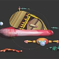Vibrant Underwater Scene Decoration With Arched Pink Structure Red Coral Crab And Blue Fish