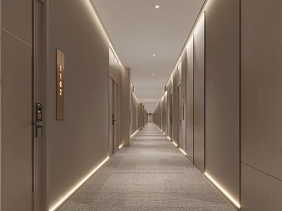 Modern Hotel Corridor With Recessed Lighting Gray Carpet And Room Numbers 3d model