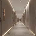 Modern Hotel Corridor With Recessed Lighting Gray Carpet And Room Numbers