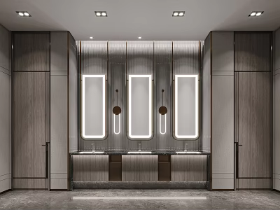 Modern Luxury Sales Office Public Washroom Interior With Elegant Backlit Mirrors And Premium Wood Finishes 3d model