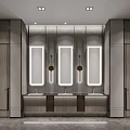 Modern Luxury Sales Office Public Washroom Interior With Elegant Backlit Mirrors And Premium Wood Finishes