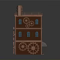Industrial Style Building Brown Brick Multi Story Structure With Gear Decorations Chimney And Blue Awning