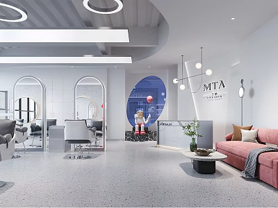 Modern Beauty Hair Salon Interior With Styling Chairs Mirrors Sofa And Lighting 3d model