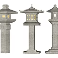 Traditional Japanese Style Stone Outdoor Lanterns with Pagoda Tops and Carved Pillars