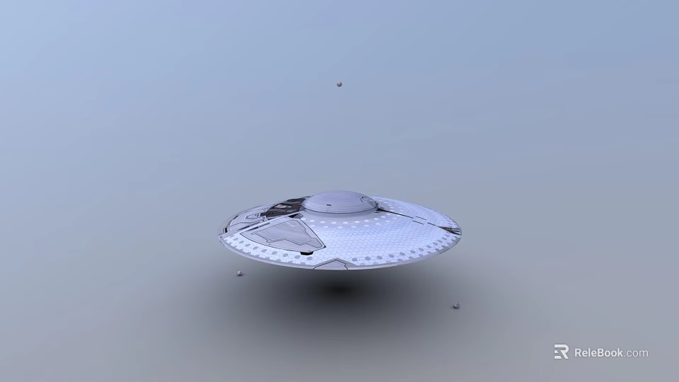 Shiny Silver Flying Saucer Design Floating In Light Blue Background With Small Objects 3d model 