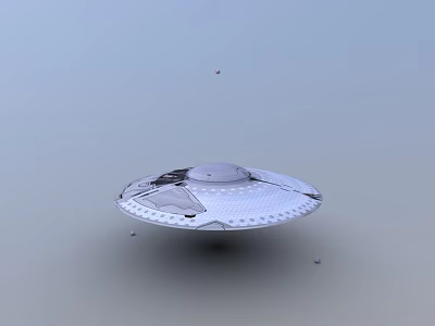 Shiny Silver Flying Saucer Design Floating In Light Blue Background With Small Objects 3d model